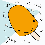 Personaje de paleta de color naranja con cara feliz, levantando los brazos, rodeado de formas geométricas.