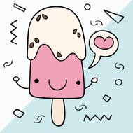 Barra de helado rosa sonriente con una parte superior de color rosa claro, chispas y un bocadillo de diálogo en forma de corazón.