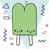 Paleta verde con cara sonriente y dos palitos.