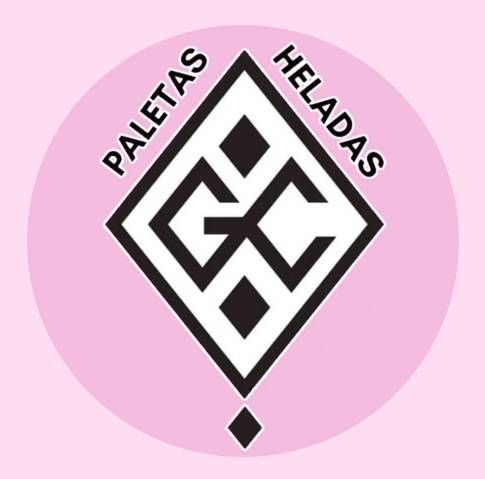 Círculo rosa con “PALETAS HELADAS” y un logo en blanco y negro: “GC” dentro de un diamante.