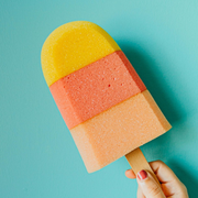 Mano sosteniendo una paleta colorida y en capas sobre un fondo azul.