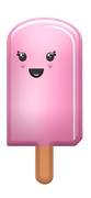 Una paleta rosa con una cara sonriente, un palito marrón y un acabado brillante.