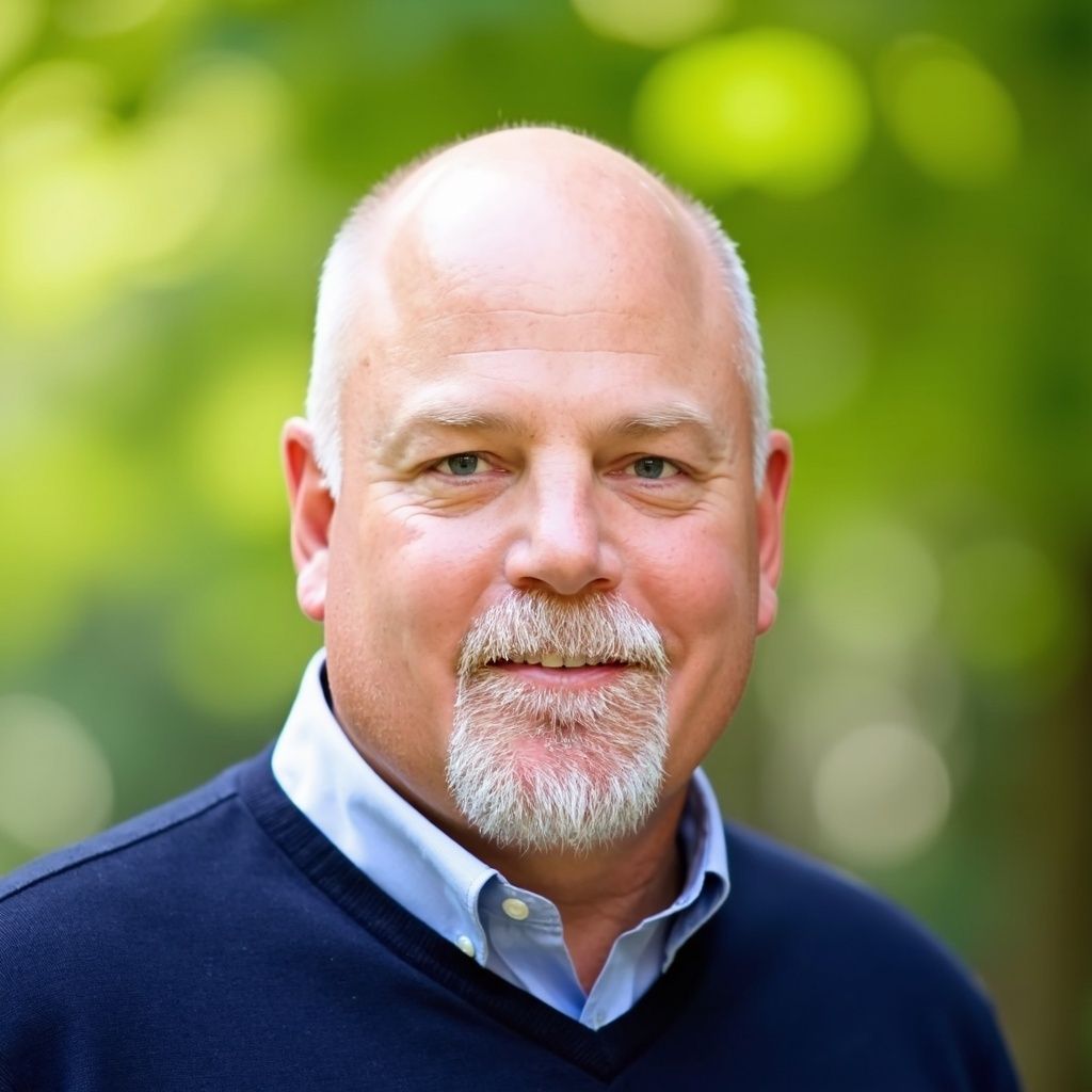 Bald man with gray goatee smiles, wearing a navy sweater over a blue collared shirt, against blurred green background.