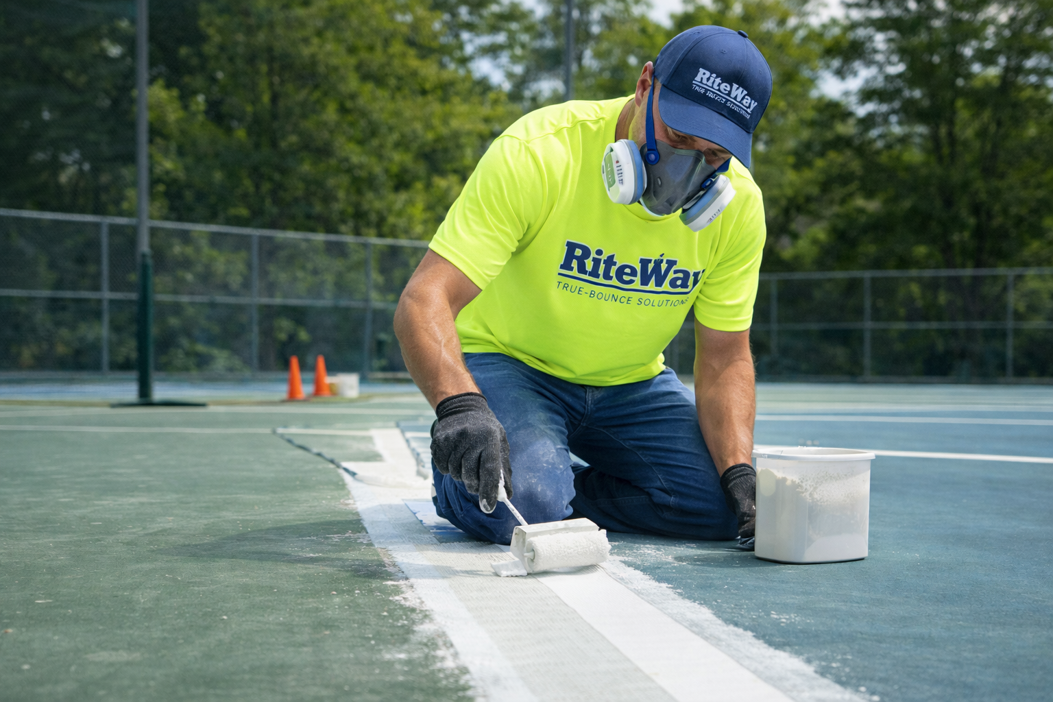 Person painting a white line on a tennis court, wearing a respirator, safety gloves, and RiteWay shirt.