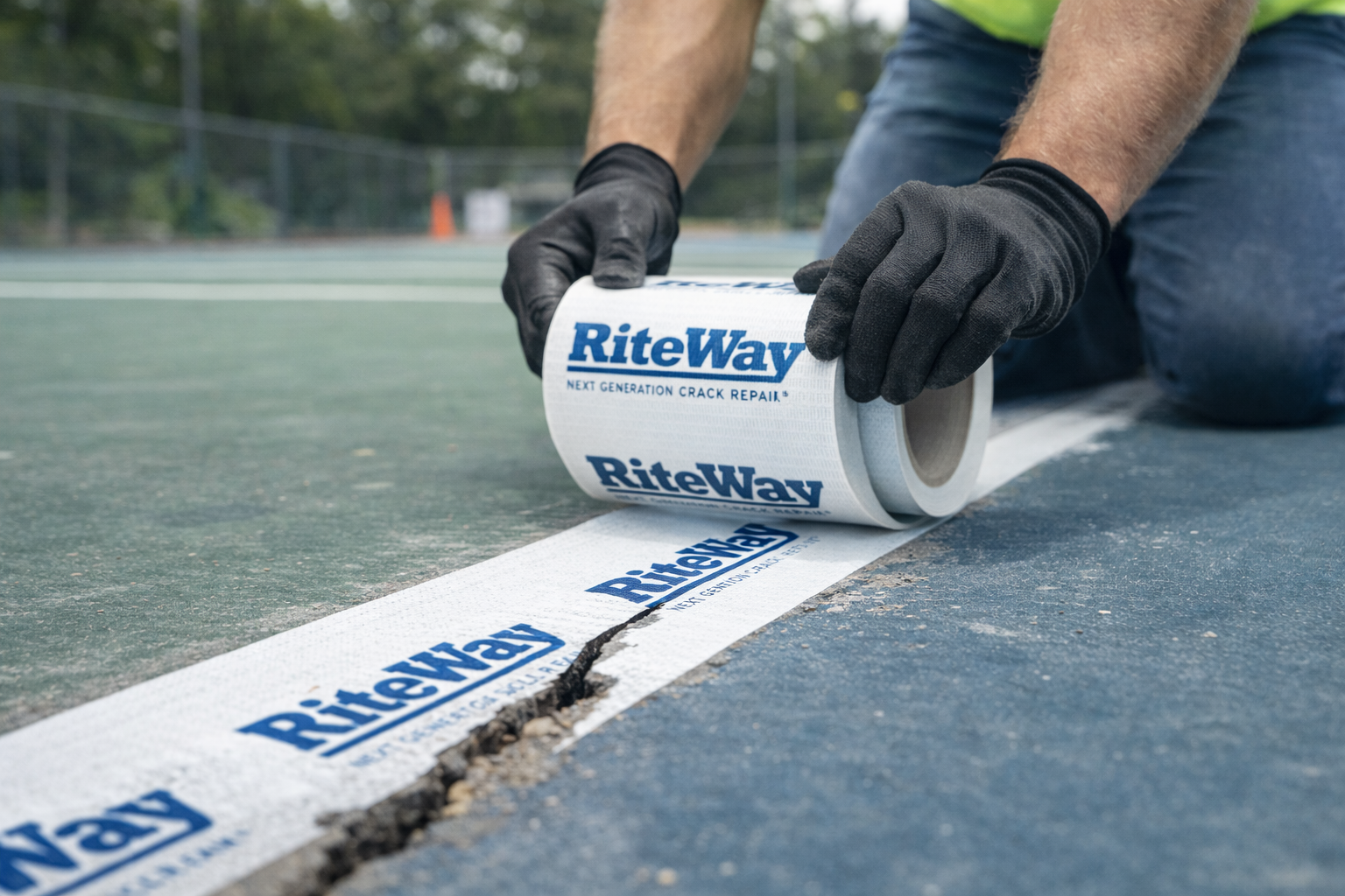 Person kneeling, applying RiteWay tape to a cracked tennis court line, outdoors. Hands in black gloves.