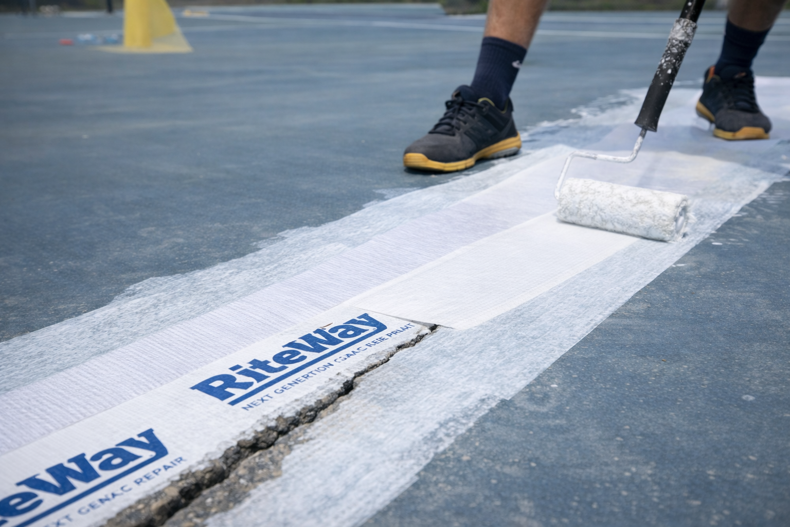 Person painting a white line with a roller over a crack in a blue tennis court, using RiteWay tape.