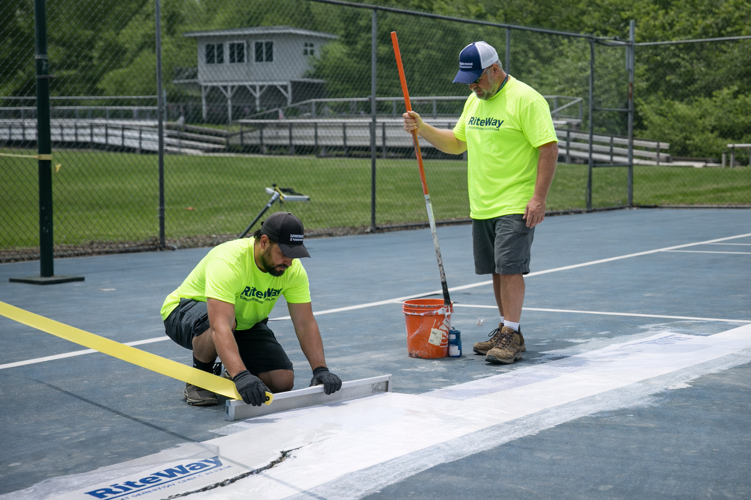 Two men painting white lines on a blue tennis court; one kneels, the other holds a paint roller.