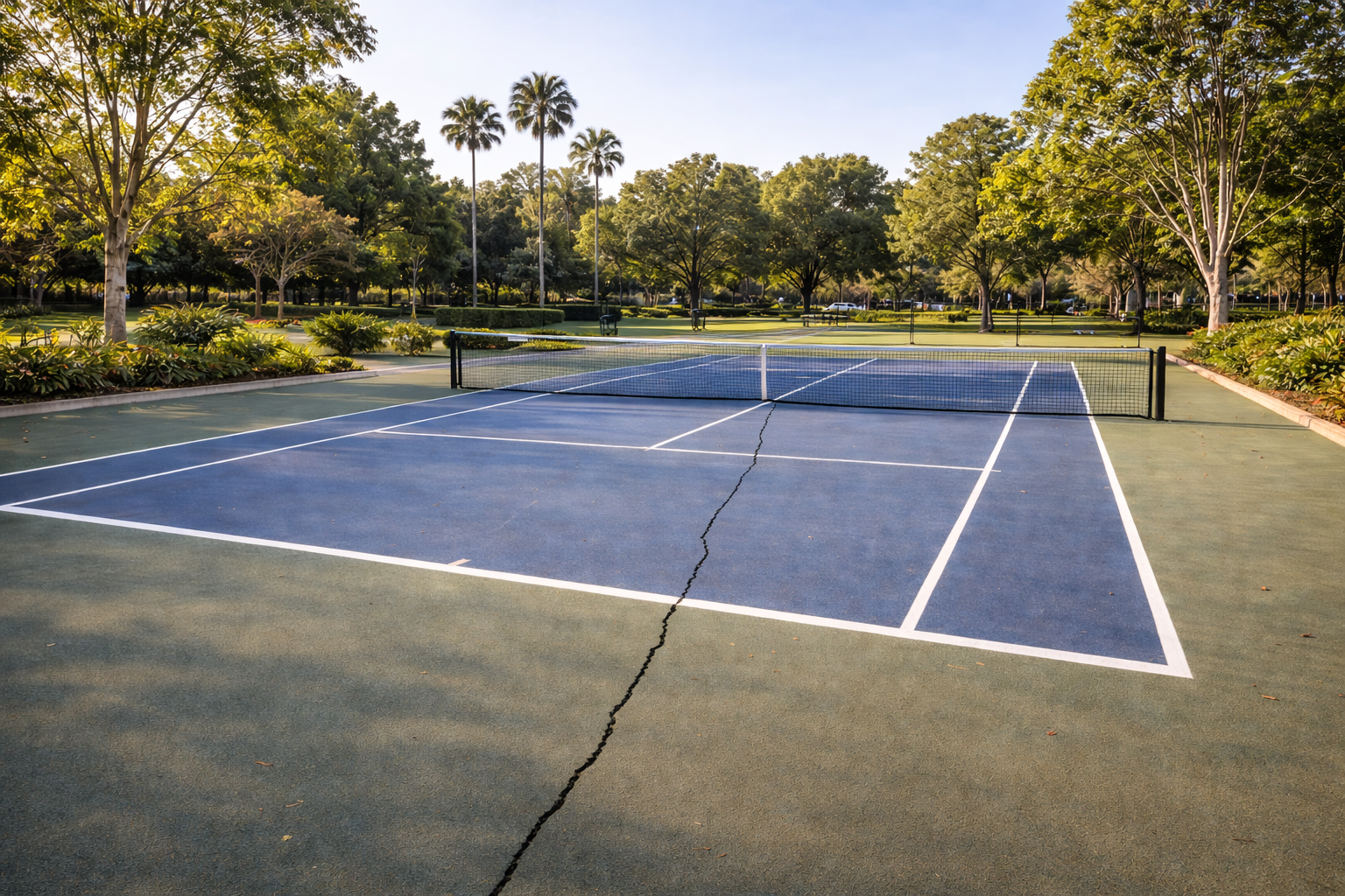 Blue tennis court with white lines, surrounded by green grass and trees.