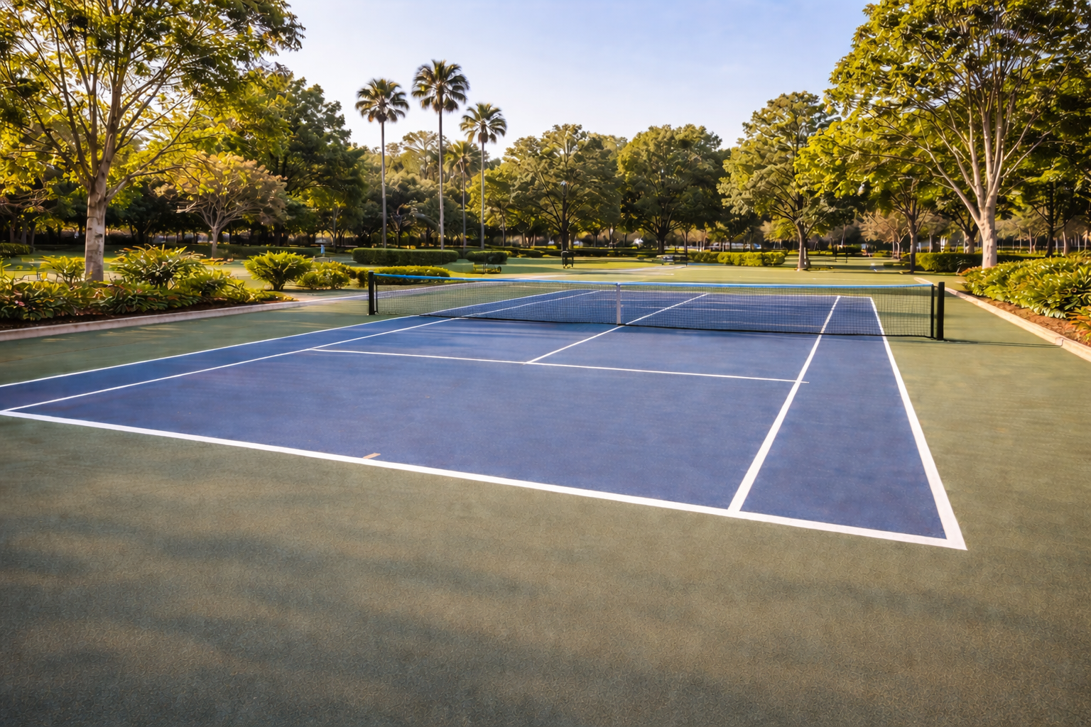 Tennis court surrounded by trees, with blue playing surface and white lines, set in a park.