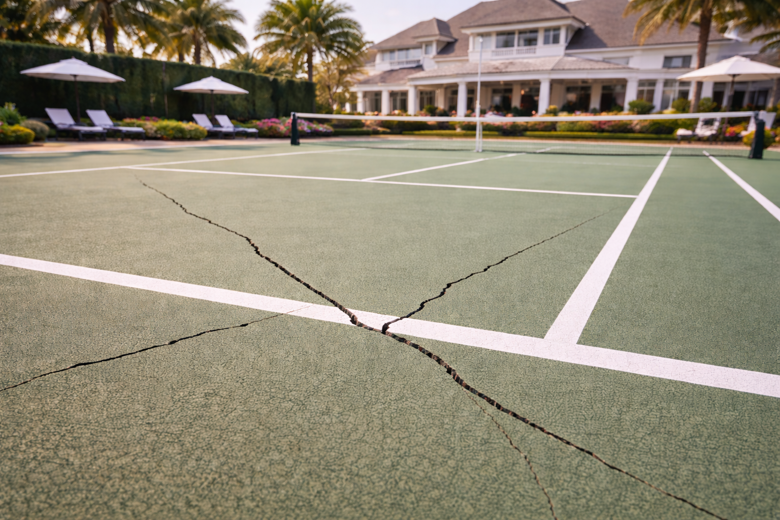 Cracked green tennis court with white lines, in front of a large house, palm trees, and umbrellas.