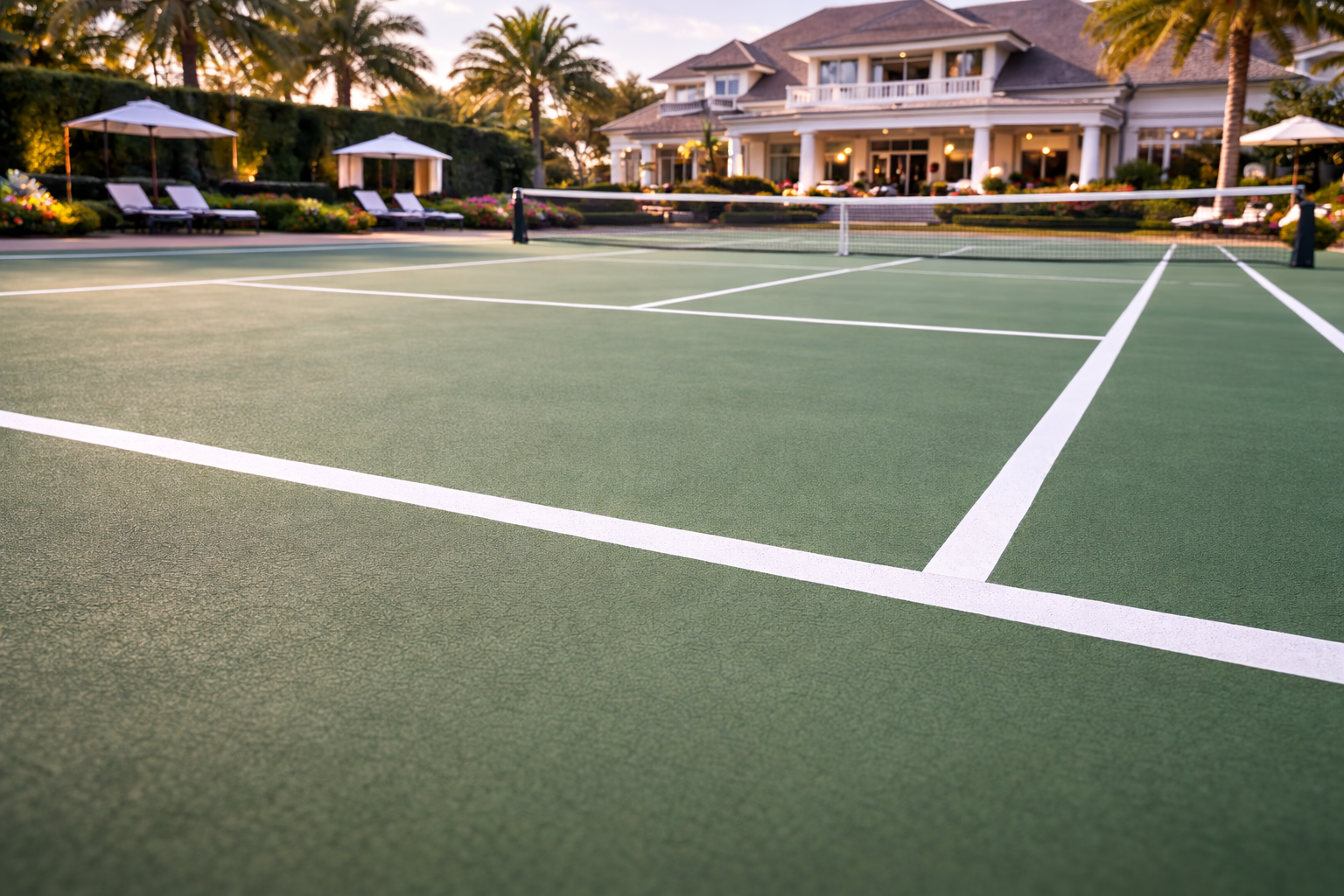 Green tennis court with white lines, large house in background.