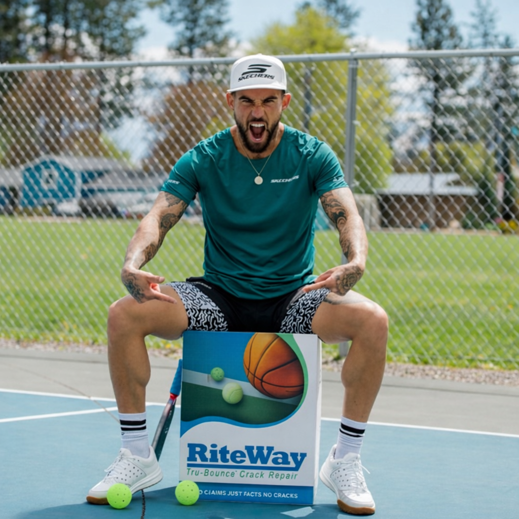 Man sitting on a box on a blue court with pickleball equipment, pointing at the box and smiling.