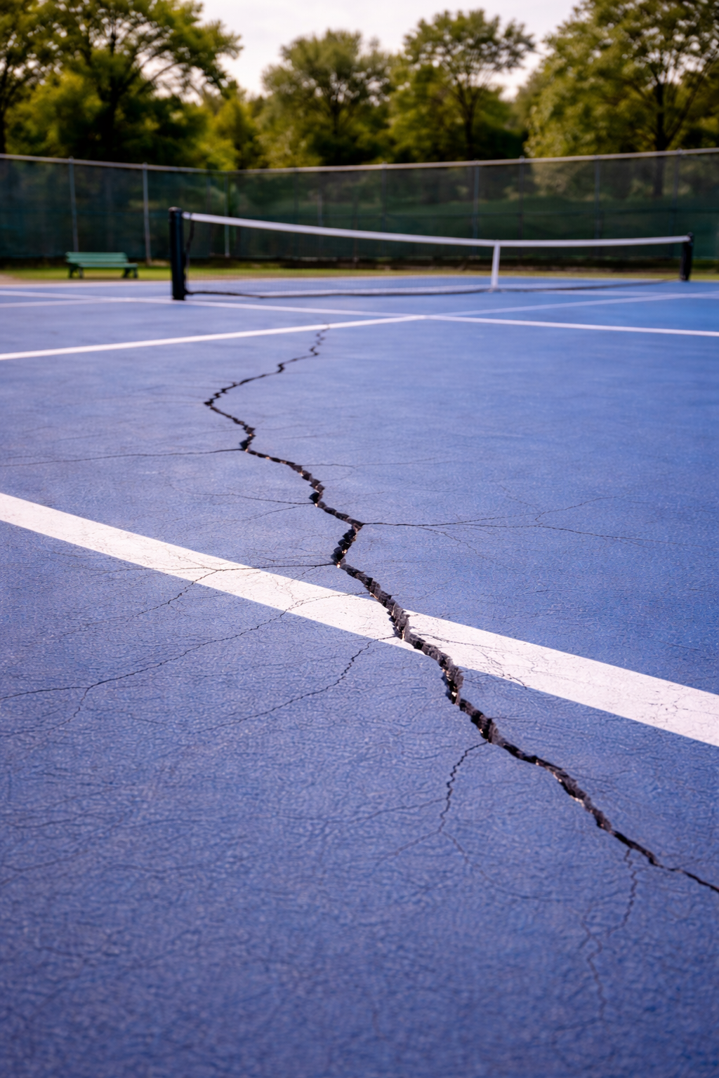 Cracked blue tennis court with a white line, net, and trees in background.