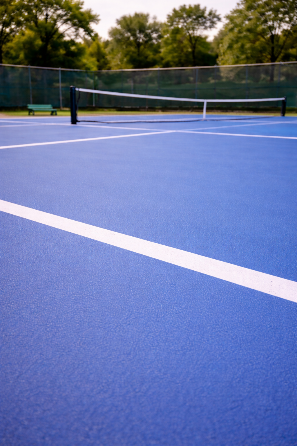 Blue tennis court with white lines and net, trees in the background.