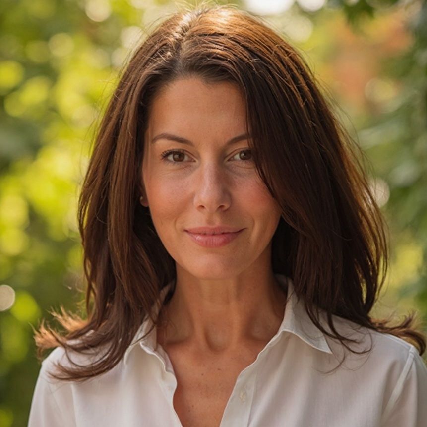 Woman with brown hair, in a white shirt, smiling, soft focus background.