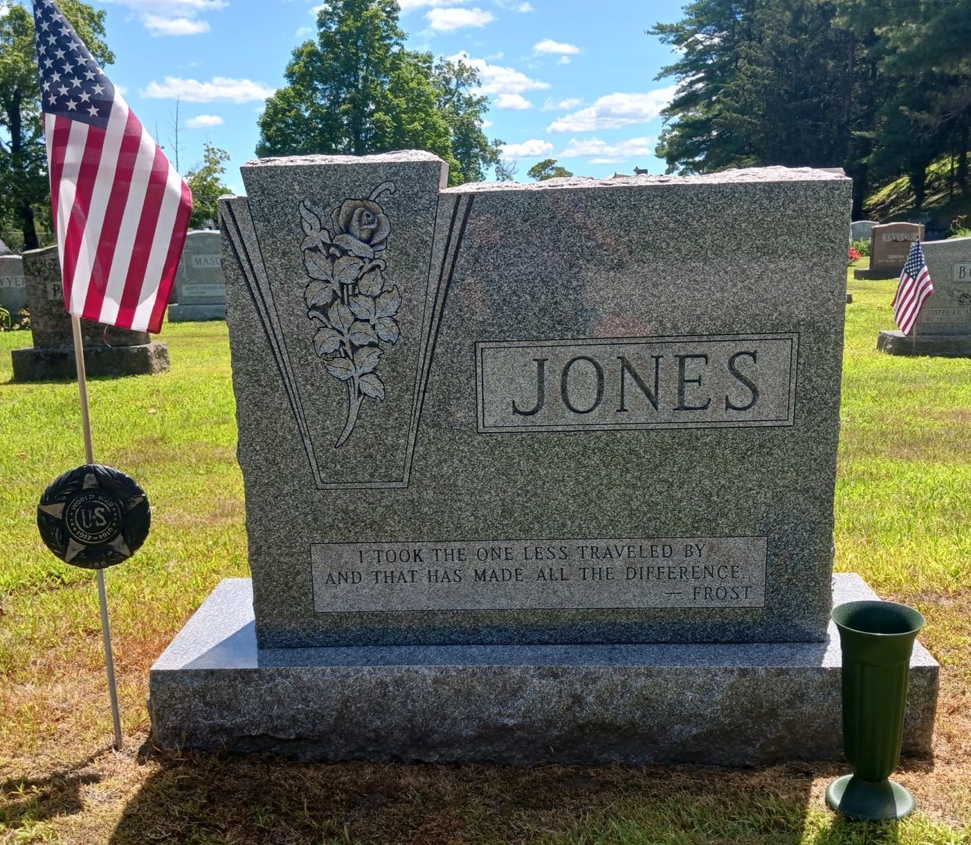 Jones family gravestone at Blossom Hill Cemetery in Concord after cleaning