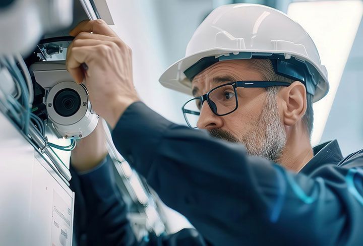Hombre con casco y gafas arreglando una cámara de seguridad.