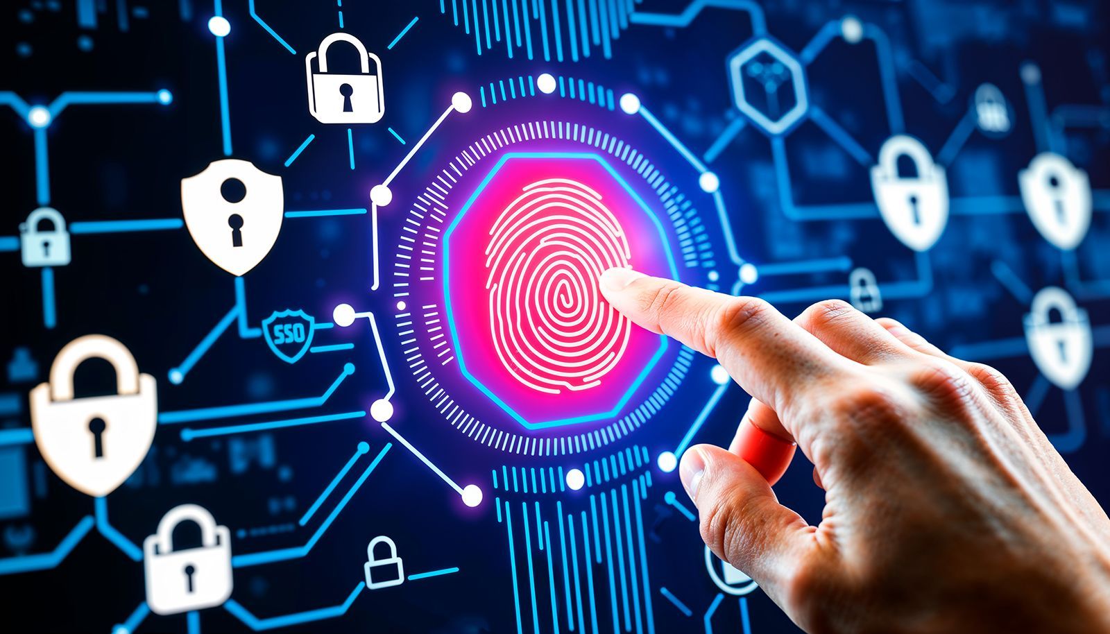Mano tocando un escáner de huellas digitales rodeado de cerraduras brillantes y una placa de circuito.