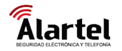 Logo for Alartel, black text with red signal symbol above, "SEGURIDAD ELECTR&Oacute;NICA Y TELEFON&Iacute;A" below