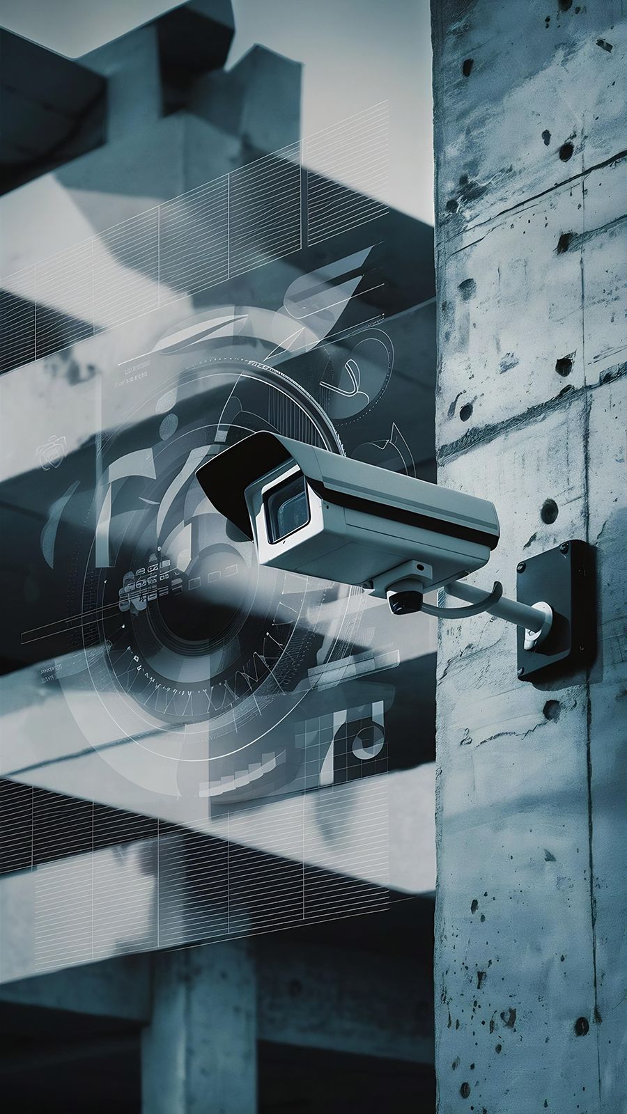 Cámara de seguridad montada en una pared de hormigón; superposición abstracta de formas digitales.