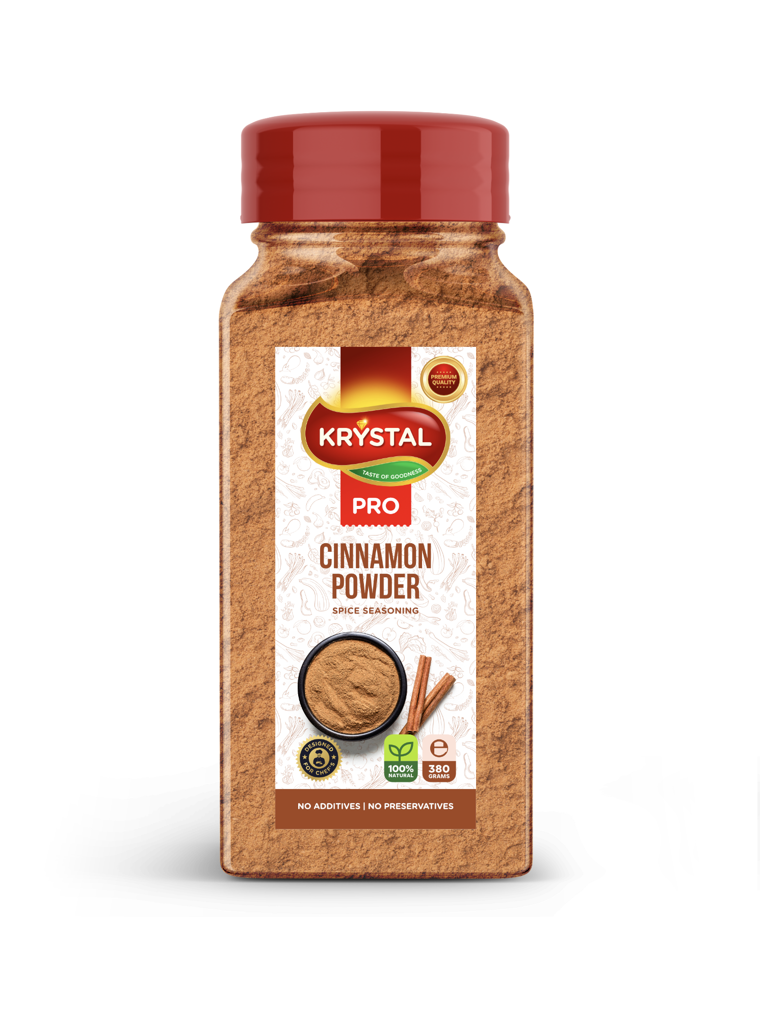 Cinnamon powder in a rectangular jar with a red lid; labeled 
