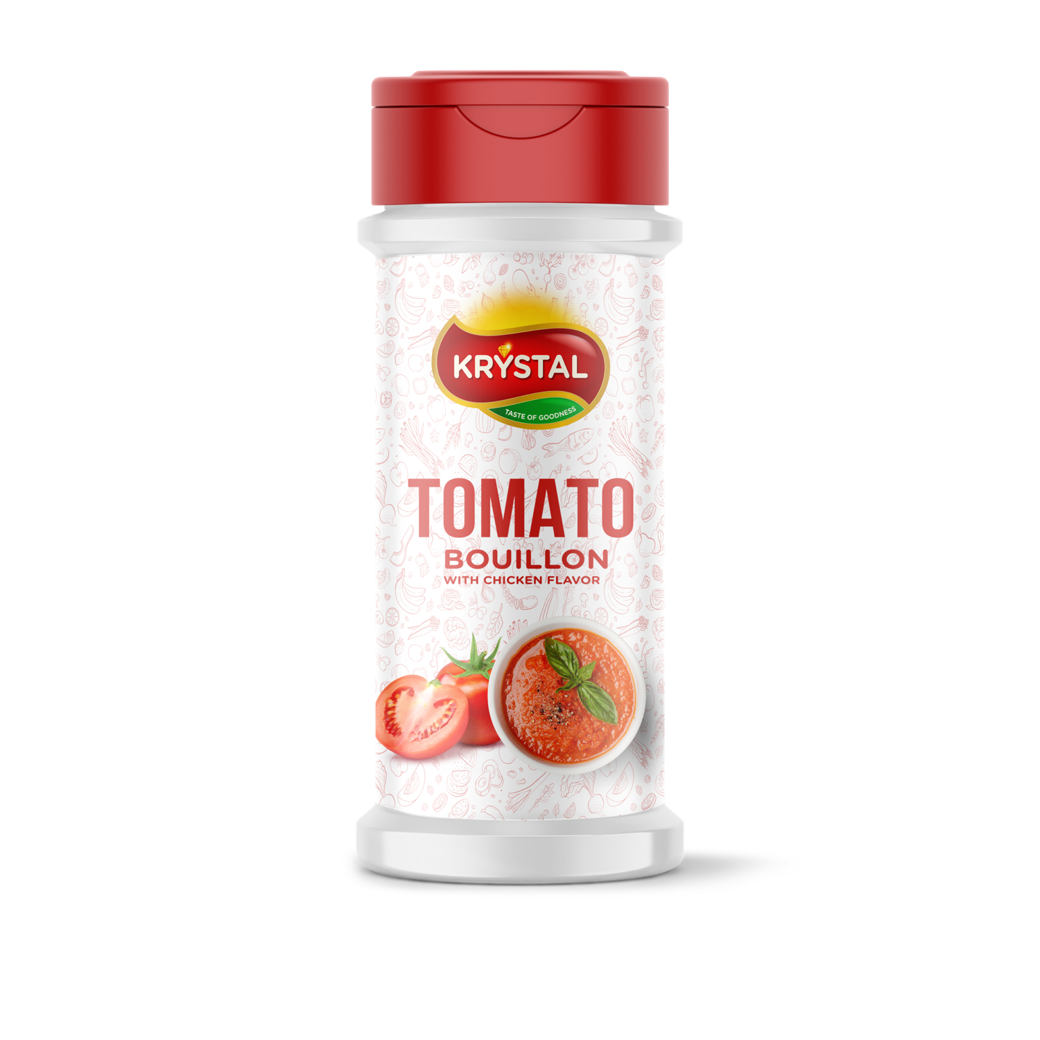 A bottle of Krystal tomato bouillon with red cap, label showing tomatoes and soup.