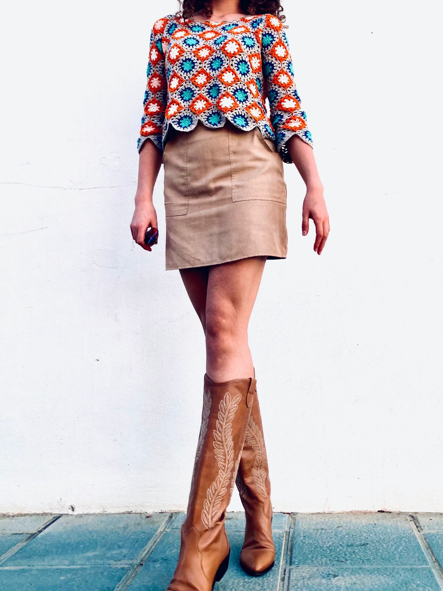 crochet blouse with mosaic pattern and bright colours 