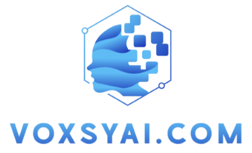 A blue robot head with the website name of voxsyai.com under it.