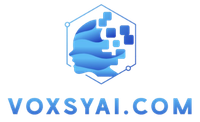 A blue robot head with the website name of voxsyai.com under it.