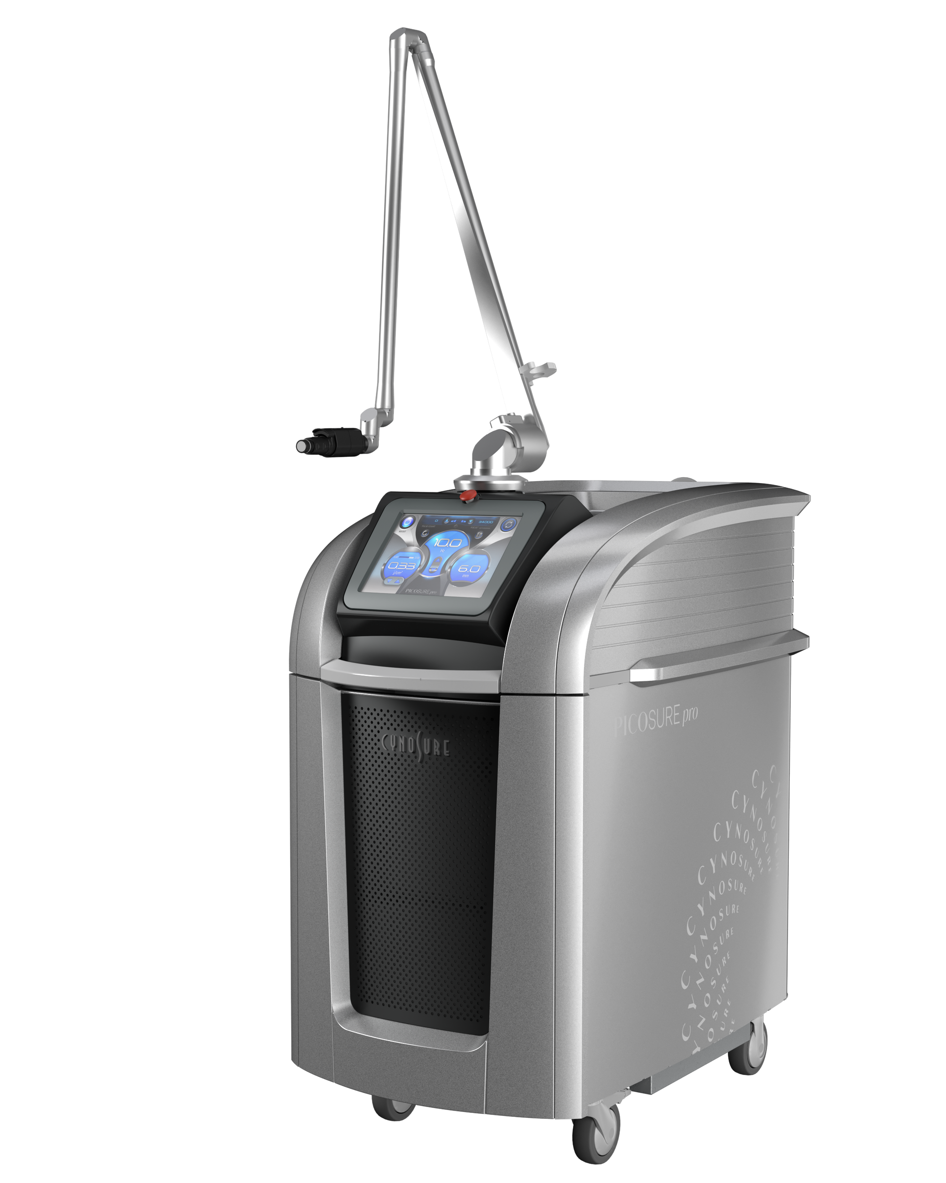 A machine with a screen on it is sitting on wheels on a white background.