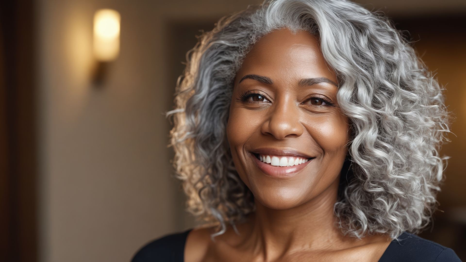 A woman with gray hair is smiling for the camera.