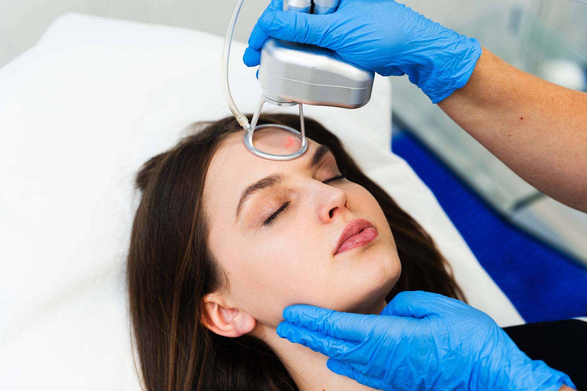 Woman receiving laser treatment on forehead; doctor wearing blue gloves holds device.