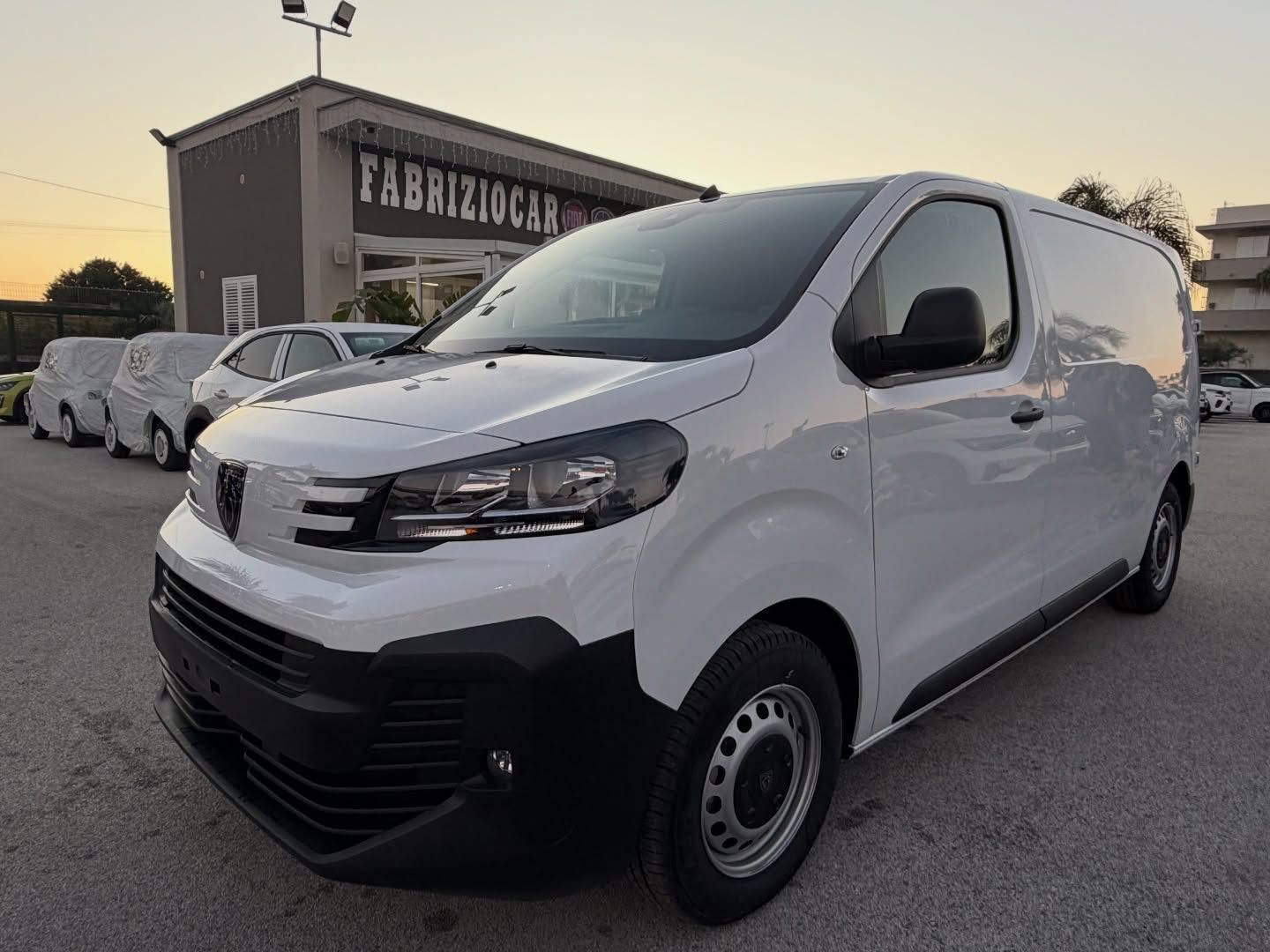 Furgone bianco parcheggiato in un parcheggio con un edificio su cui è scritto