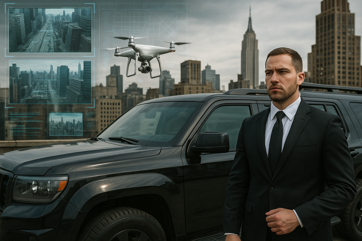 Executive protection agent protecting client using AI