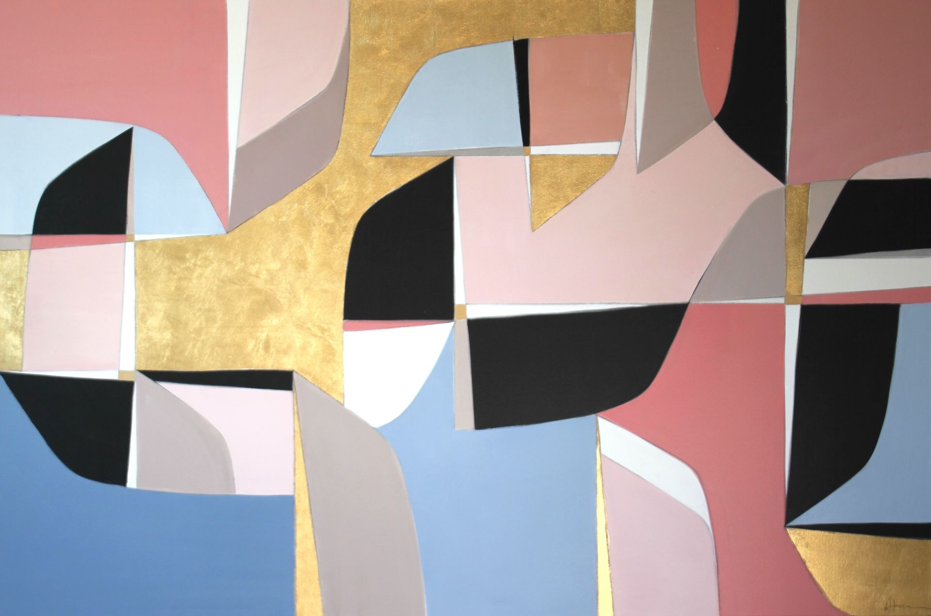 A painting of geometric shapes on a blue background