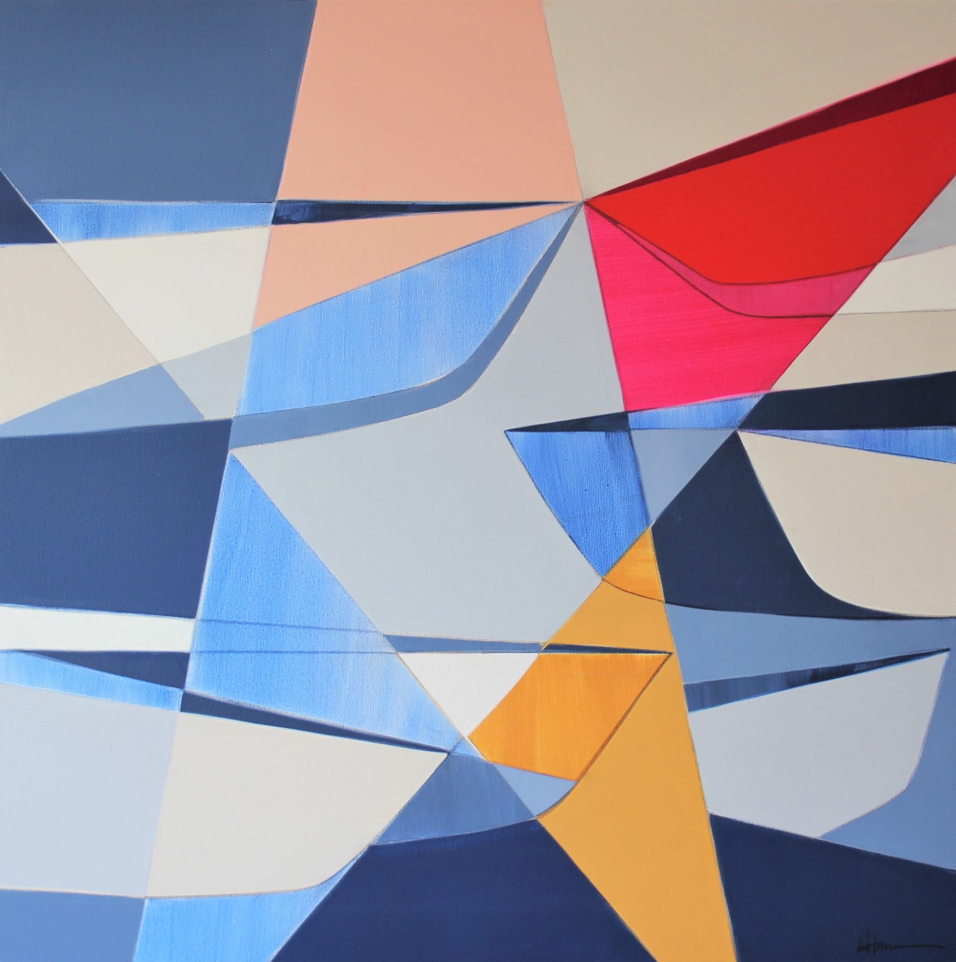 A colorful geometric painting with a red triangle in the middle