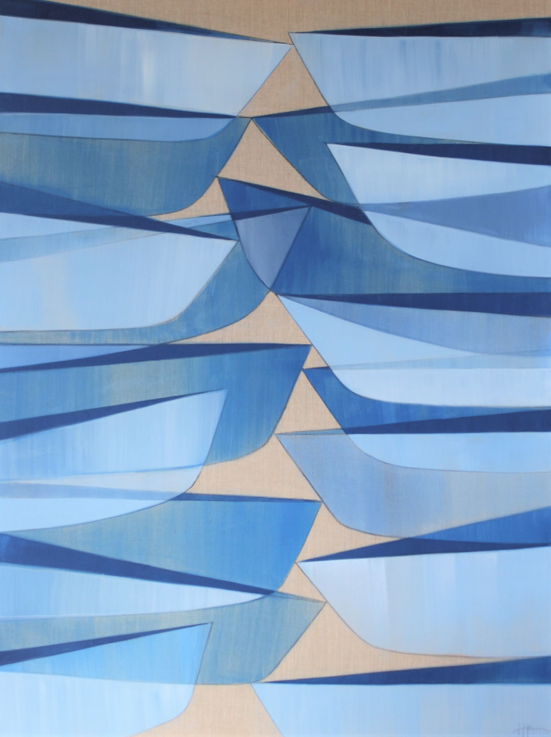 A painting of blue sailboats in the ocean