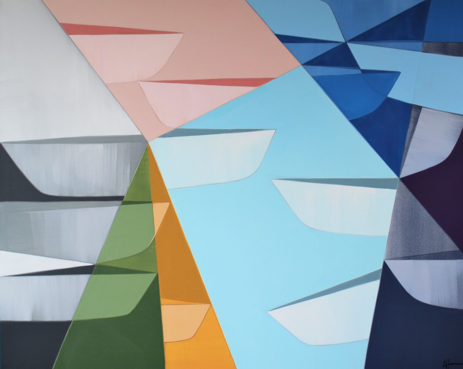 A close up of a colorful geometric painting on a wall