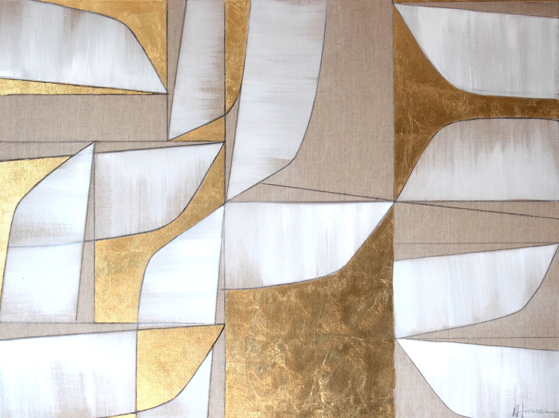 A close up of a painting with gold and white geometric shapes