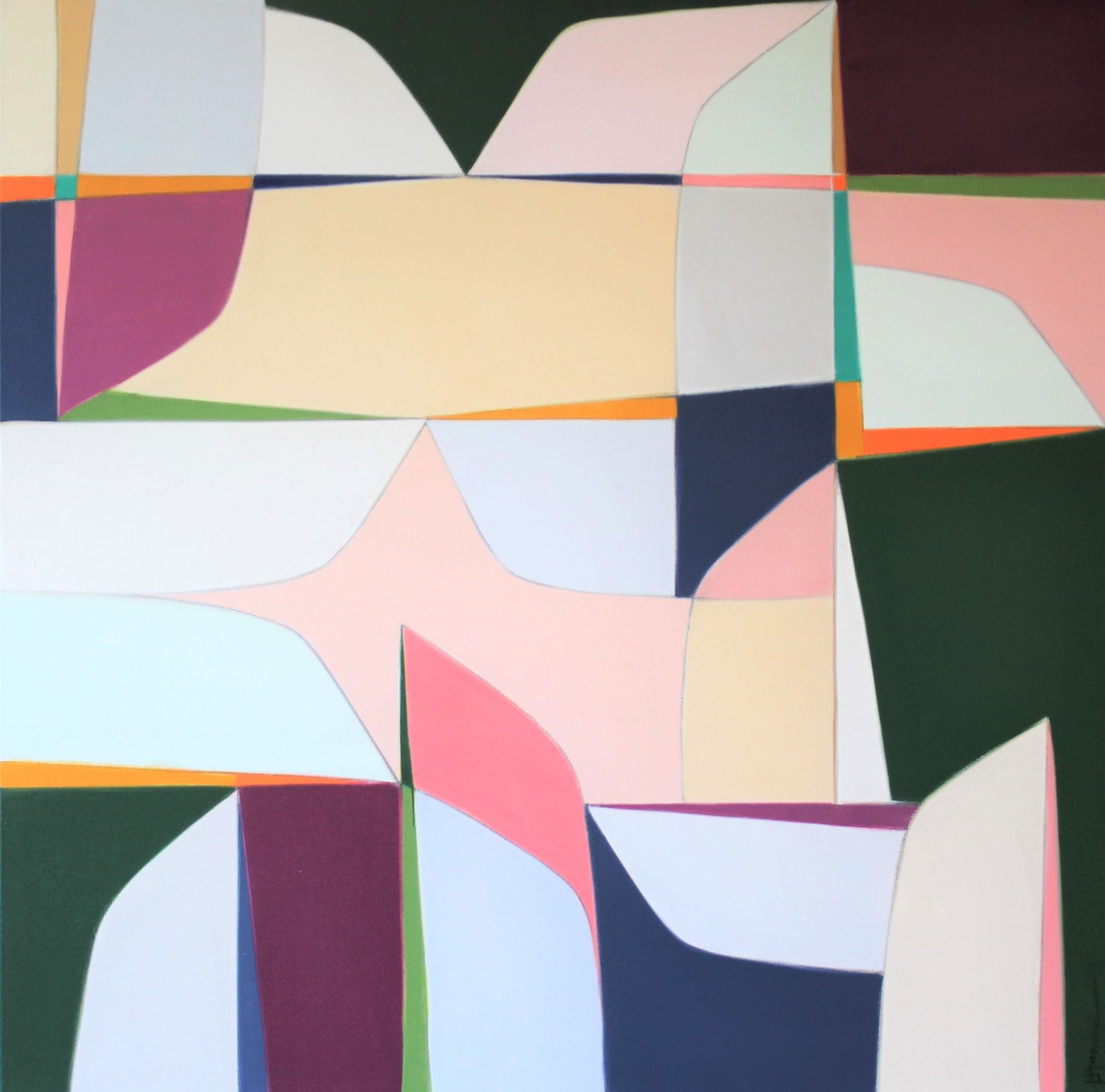 A colorful geometric painting with a green background