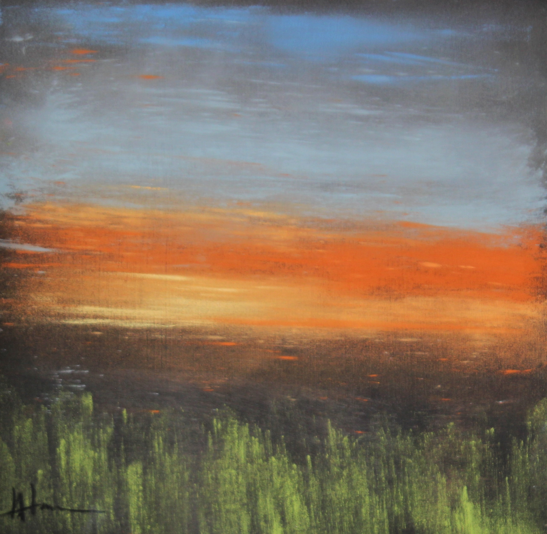 It is a painting of a sunset over a forest.