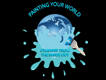 A globe with a light blue paint splash, a paintbrush, and the text