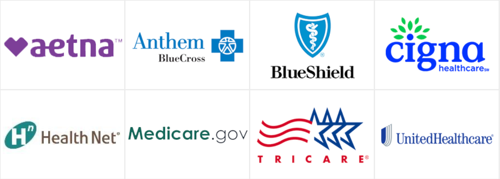 Logos of Aetna, Anthem, Blue Shield, Cigna, Health Net, Medicare.gov, TRICARE, and UnitedHealthcare.