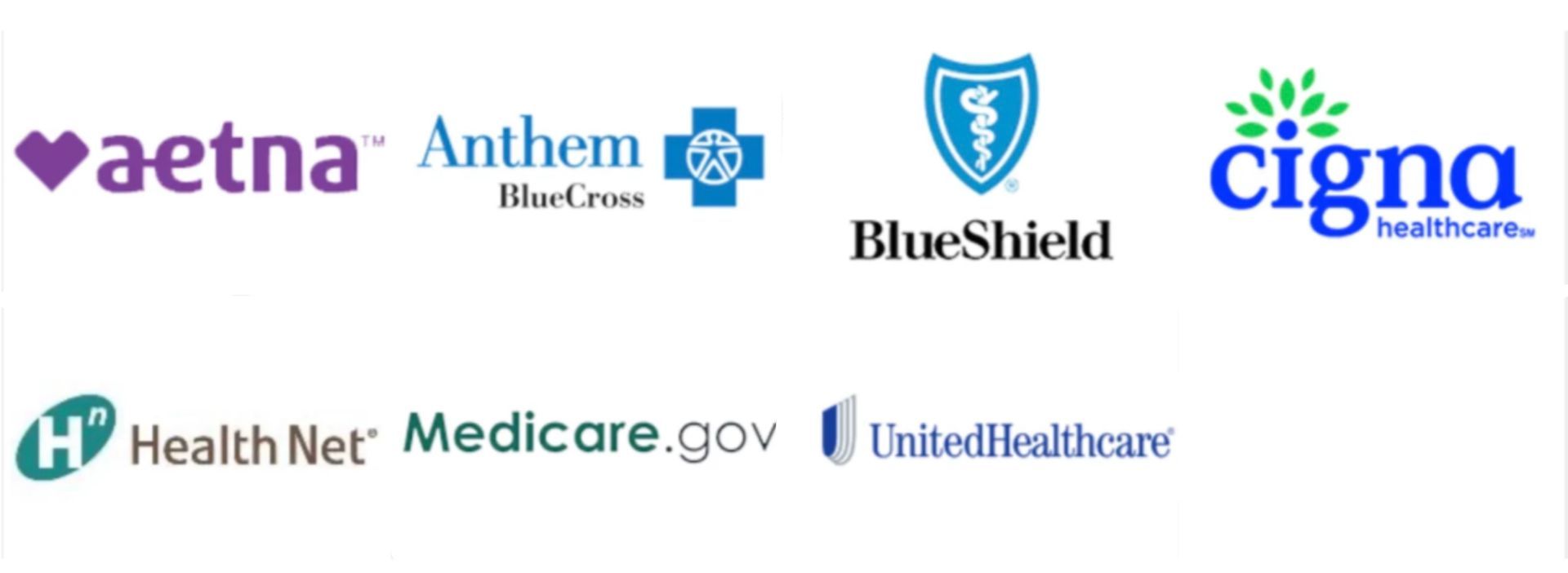 Logos of Aetna, Anthem, Blue Shield, Cigna, Health Net, Medicare.gov, TRICARE, and UnitedHealthcare.