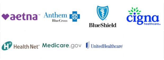 Logos of Aetna, Anthem, Blue Shield, Cigna, Health Net, Medicare.gov, TRICARE, and UnitedHealthcare.