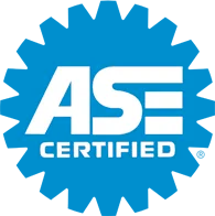 Blue ASE Certified logo: white letters on a blue cogwheel shape.