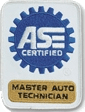 ASE Master Auto Technician certification badge. Blue gear around 