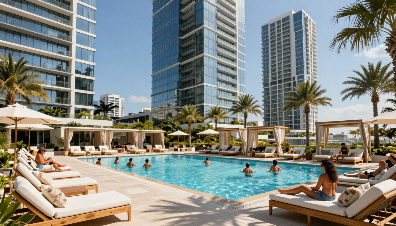 Luxury hotel pool with loungers, palm trees, and guests relaxing beside tall city towers