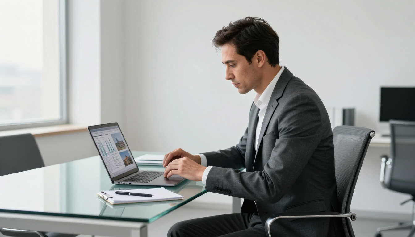Man in a gray suit typing on a laptop at a modern office desk