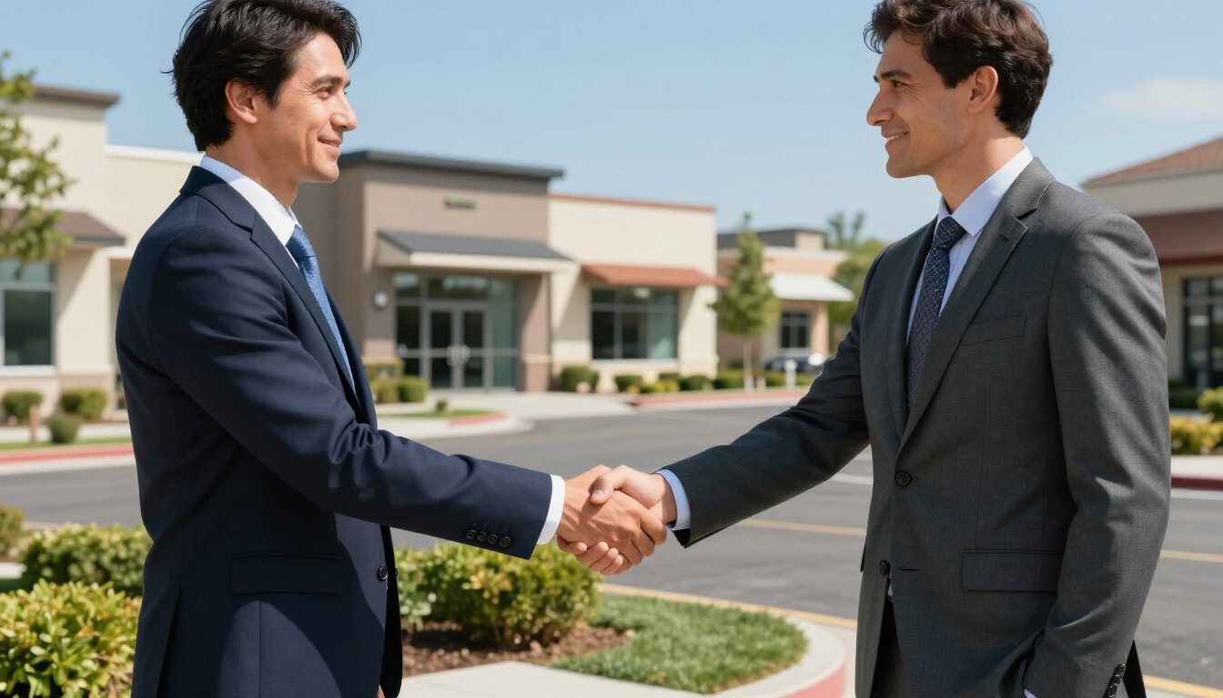 Two businessmen in suits shaking hands outside a modern office building